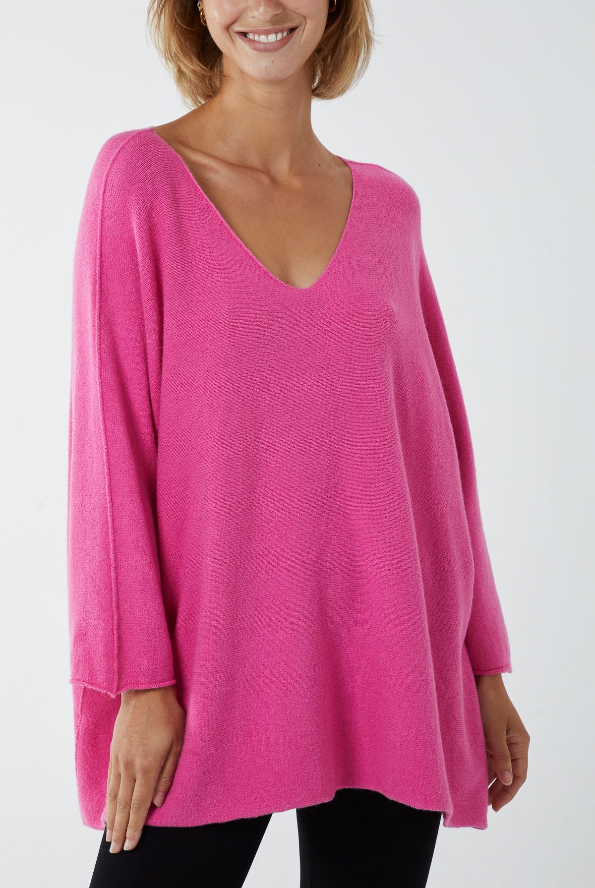 V-Neck Oversized Fine Knit Jumper Top WearAll BubbleGum Pink One Size