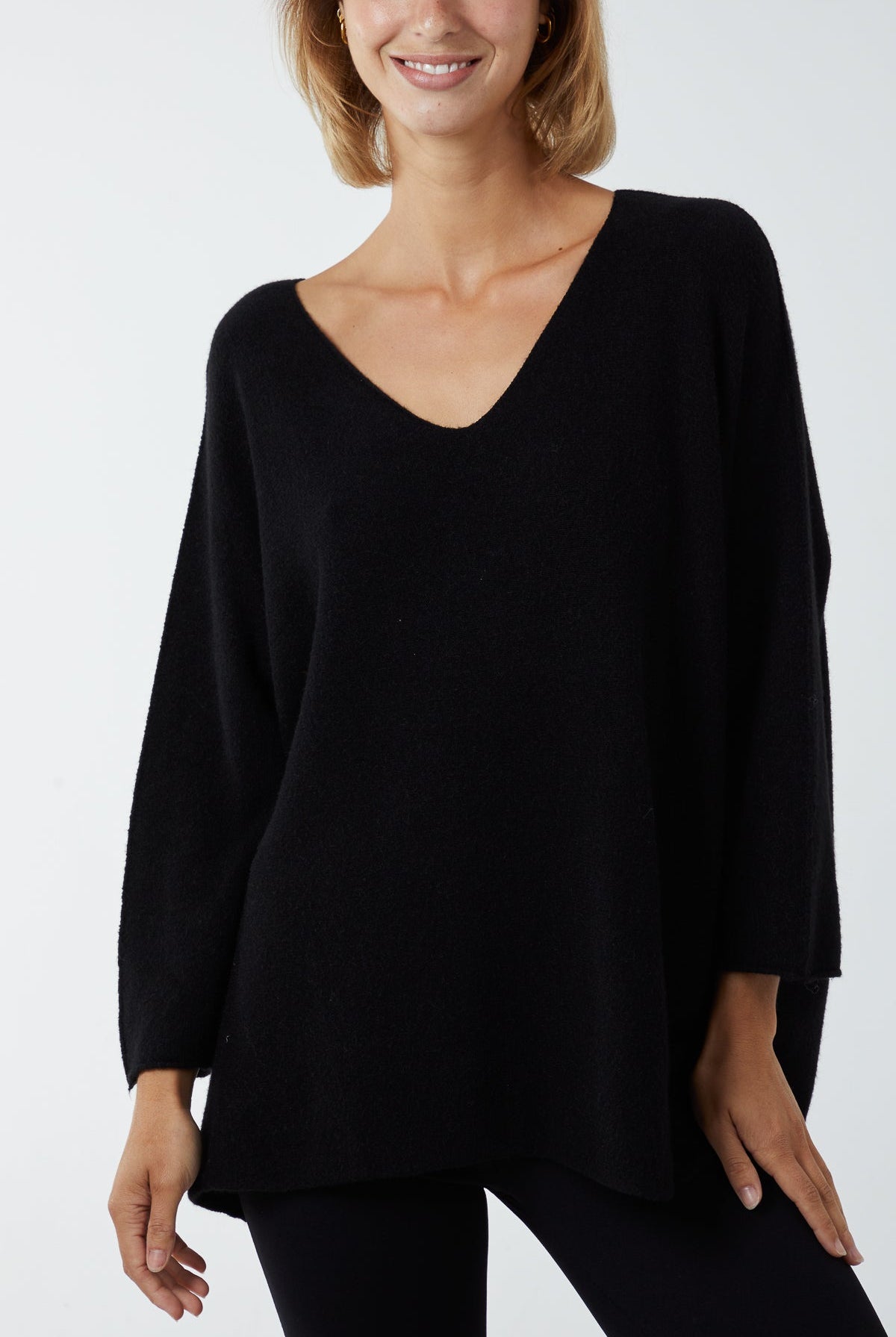 V-Neck Oversized Fine Knit Jumper Top WearAll Black One Size