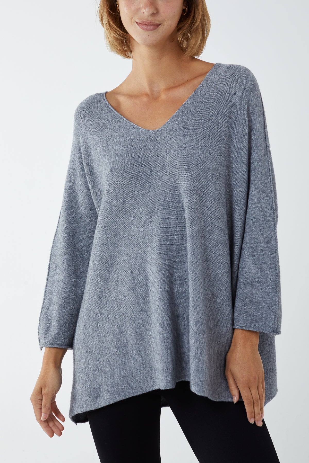 V-Neck Oversized Fine Knit Jumper Top WearAll Grey One Size