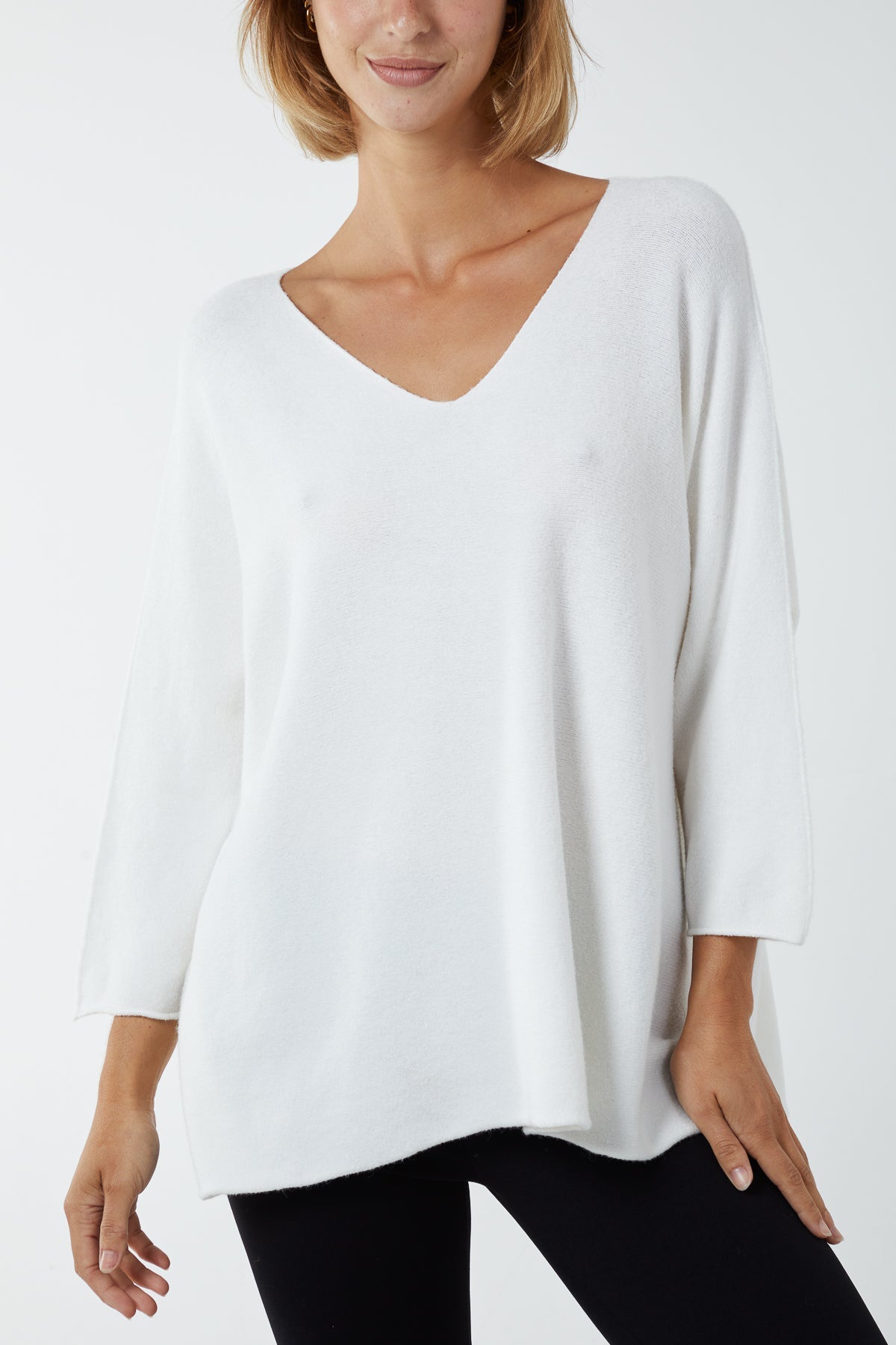 V-Neck Oversized Fine Knit Jumper Top WearAll White One Size