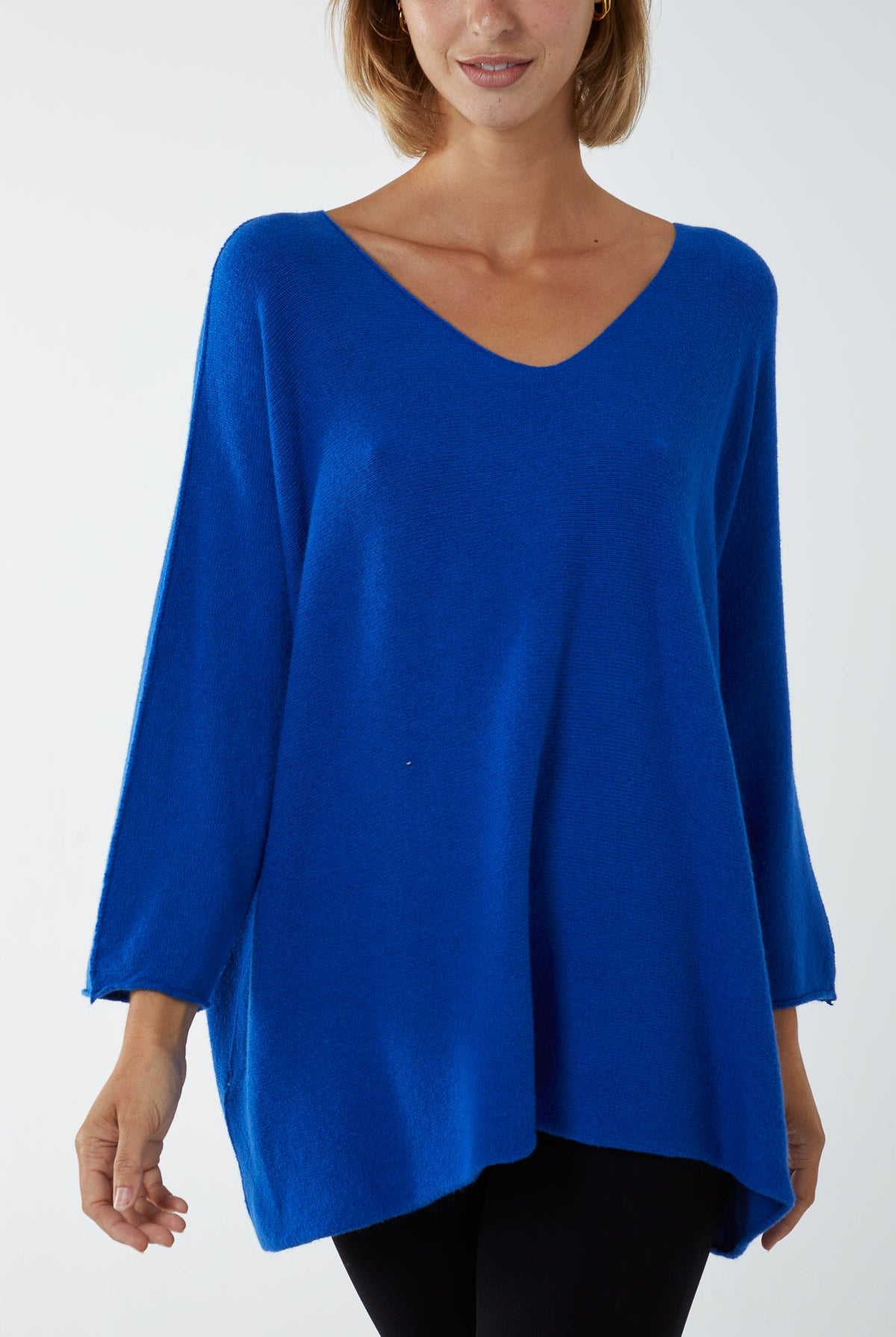 V-Neck Oversized Fine Knit Jumper Top WearAll Royal Blue One Size