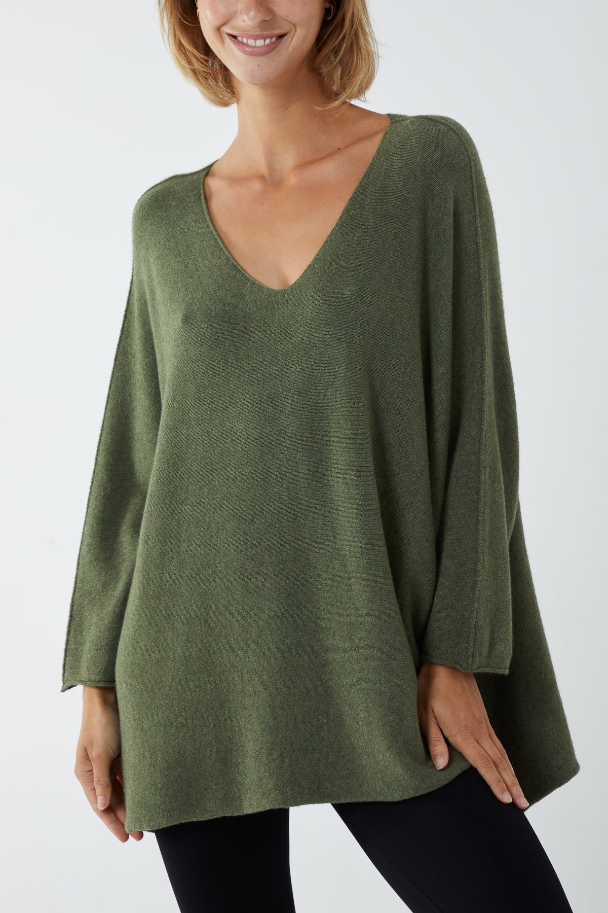 V-Neck Oversized Fine Knit Jumper Top WearAll Khaki One Size
