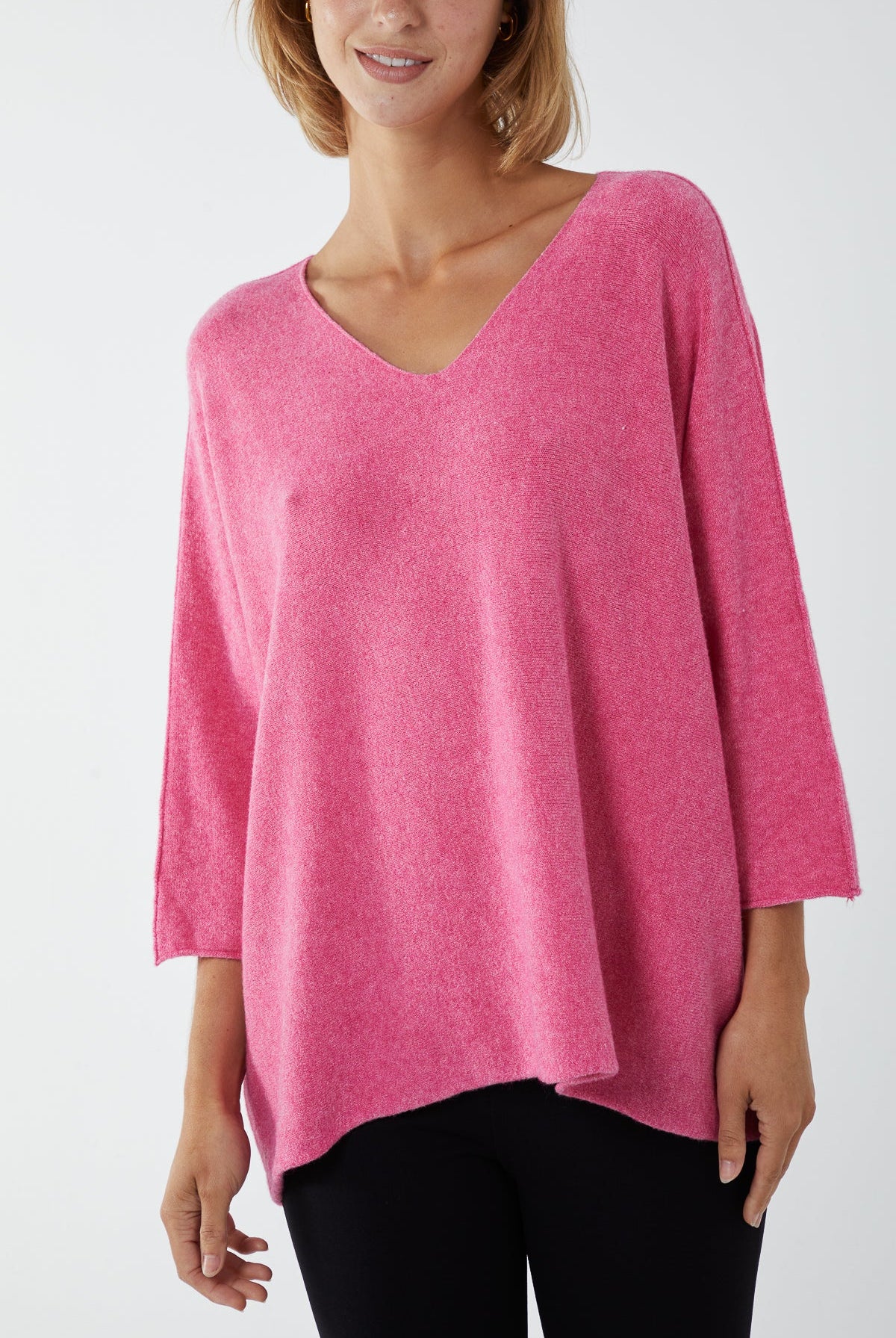 V-Neck Oversized Fine Knit Jumper Top WearAll Hot Pink One Size