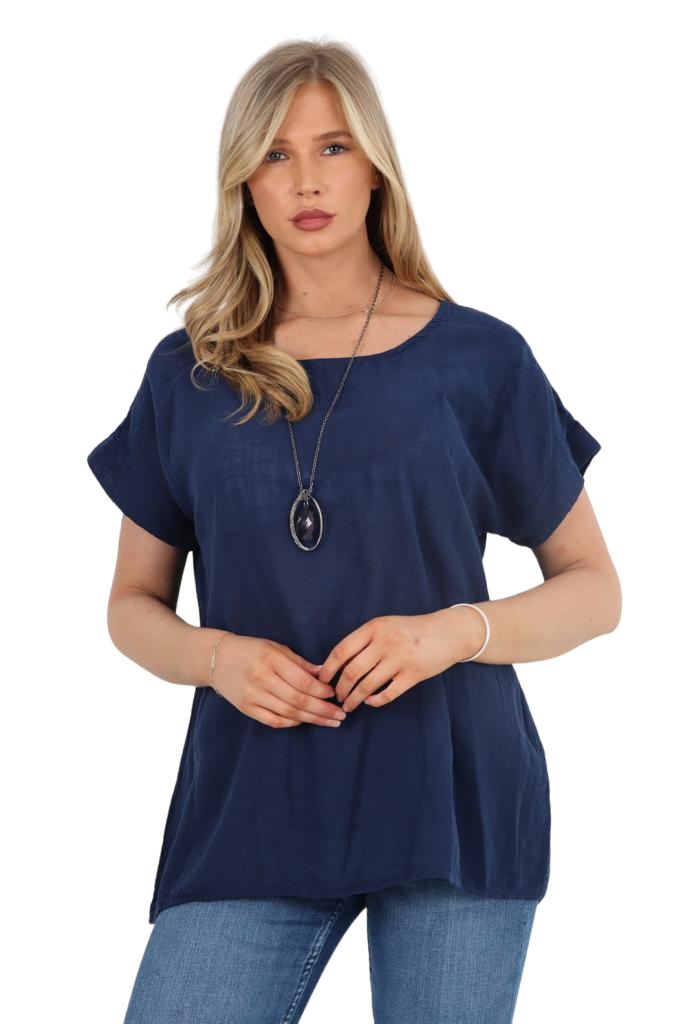 Italian Short Sleeve Necklace Top Tops WearAll Navy 8-10