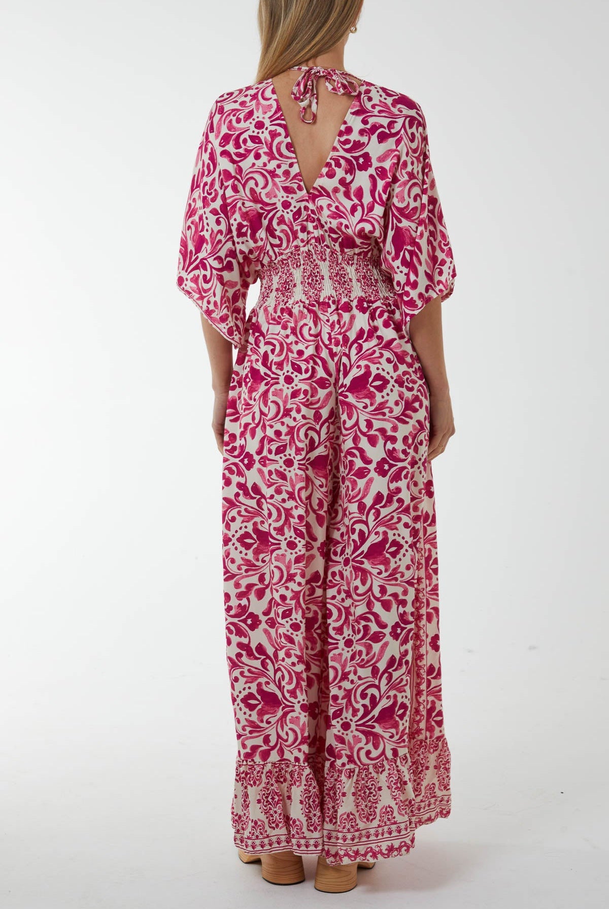 Baroque Tie Back Shirred Wide Leg Jumpsuit Jumpsuits WearAll