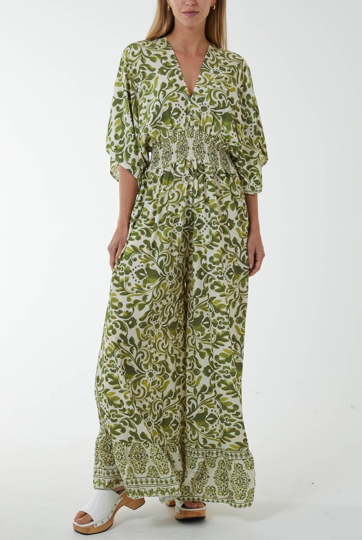 Baroque Tie Back Shirred Wide Leg Jumpsuit Jumpsuits WearAll Lime One Size