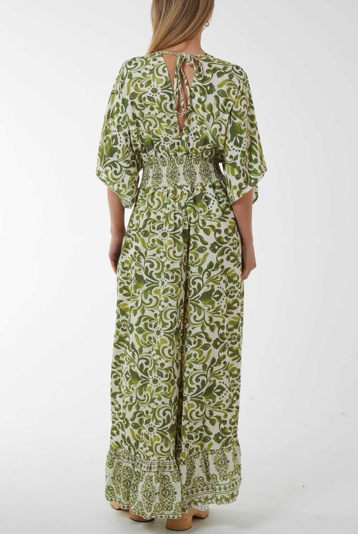 Baroque Tie Back Shirred Wide Leg Jumpsuit Jumpsuits WearAll