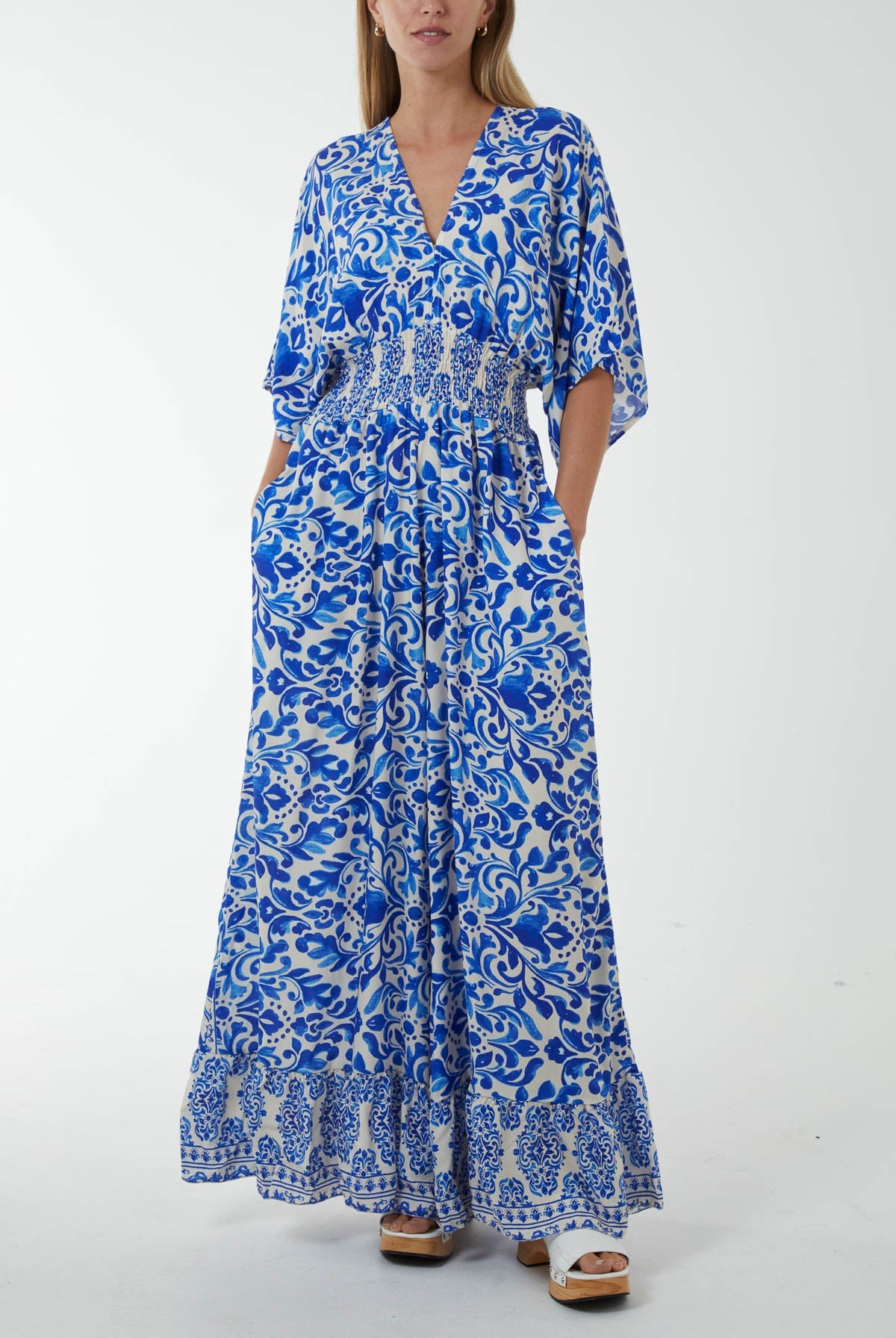 Baroque Tie Back Shirred Wide Leg Jumpsuit Jumpsuits WearAll Royal Blue One Size