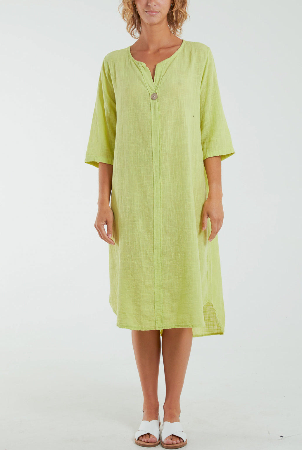 Front Button Long Sleeve Midi Dress Dresses WearAll Lime One Size