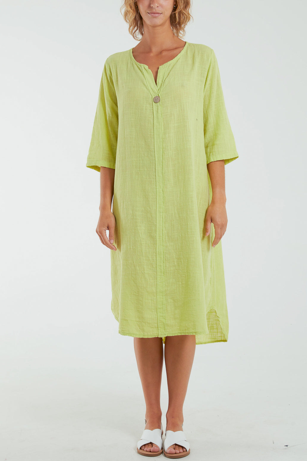 Front Button Long Sleeve Midi Dress Dresses WearAll Lime One Size