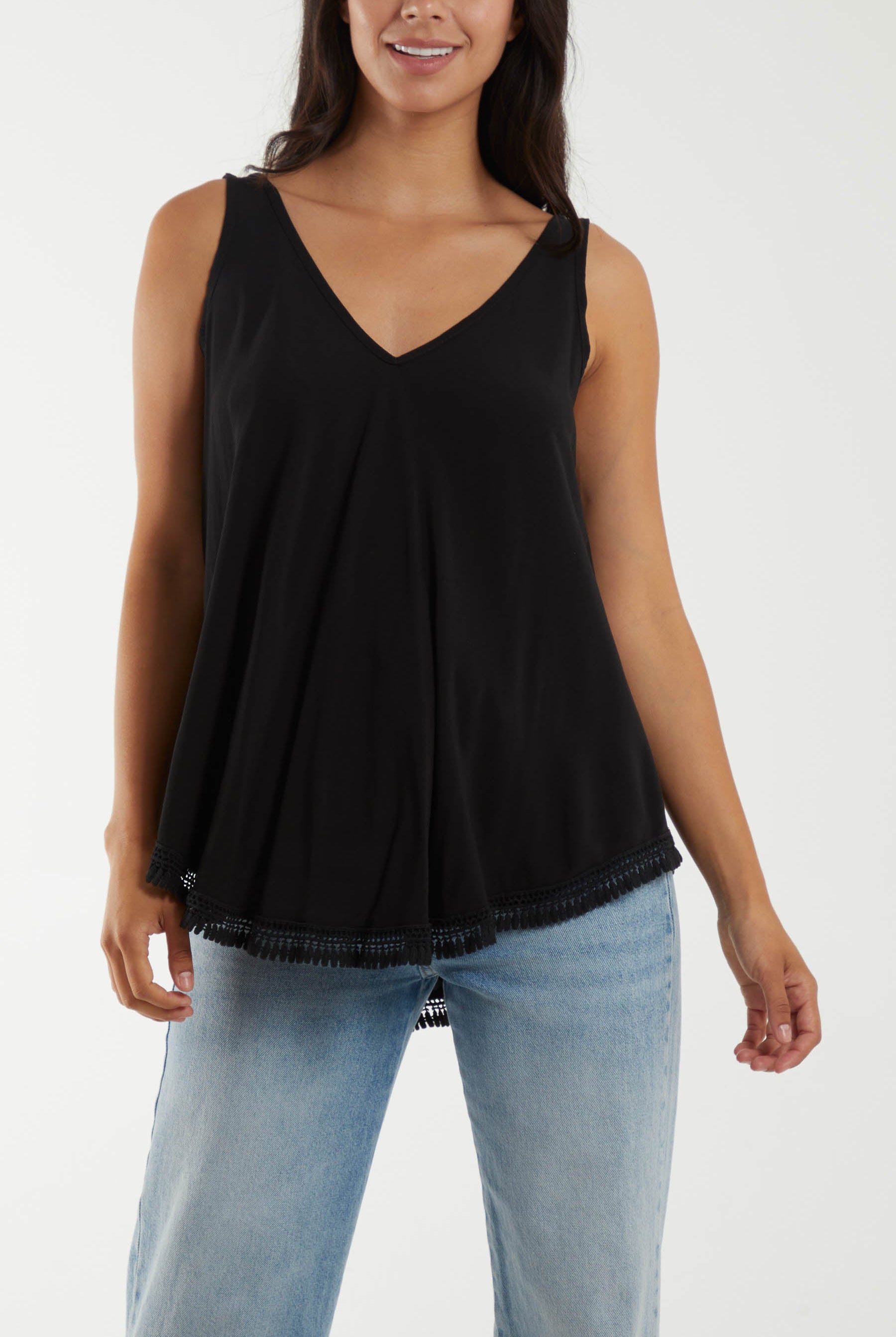 Tassel Hem V-Neck Vest Tops WearAll Black One Size