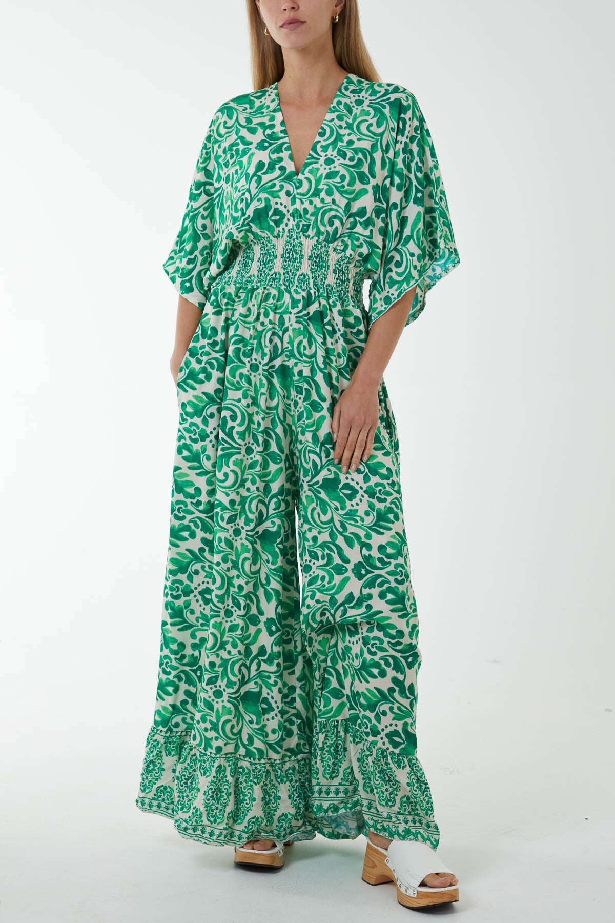 Baroque Tie Back Shirred Wide Leg Jumpsuit Jumpsuits WearAll Jade One Size