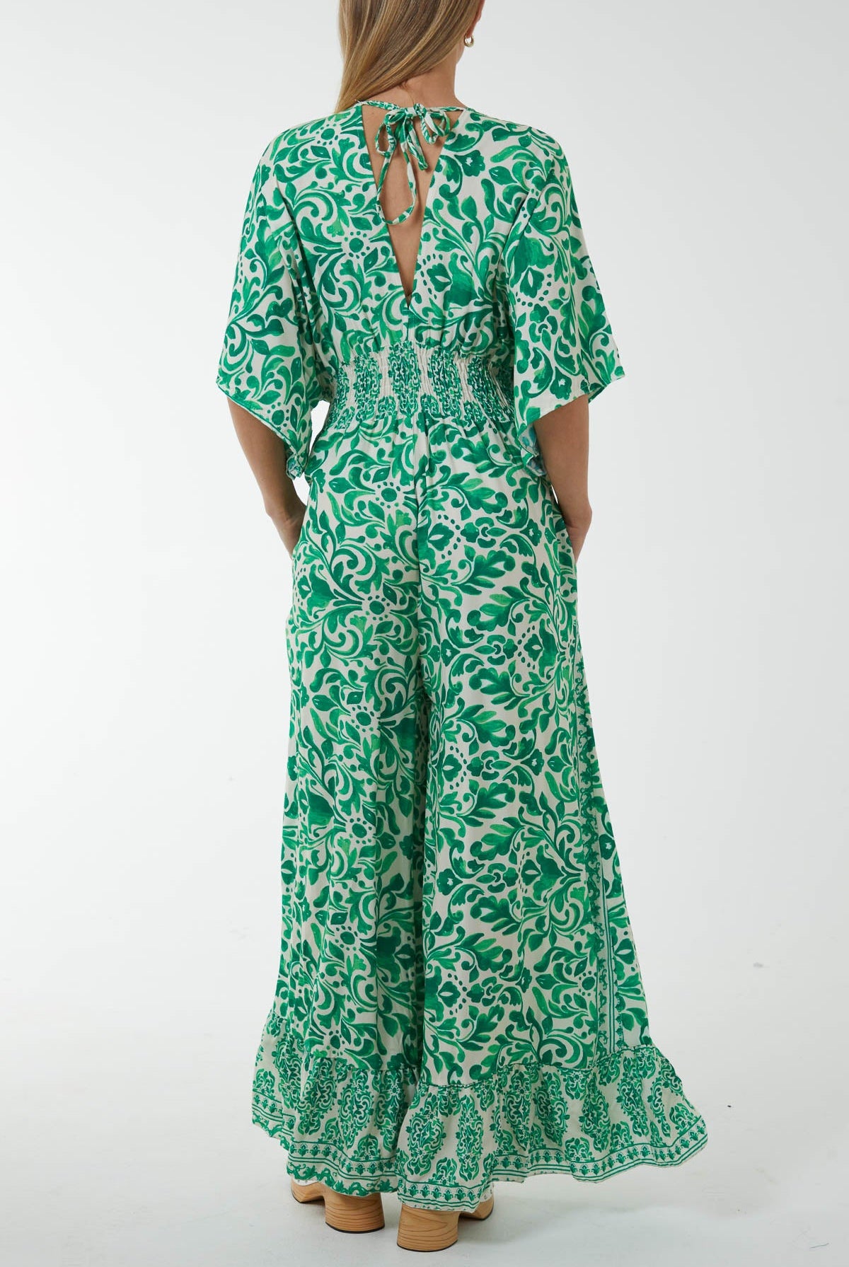 Baroque Tie Back Shirred Wide Leg Jumpsuit Jumpsuits WearAll