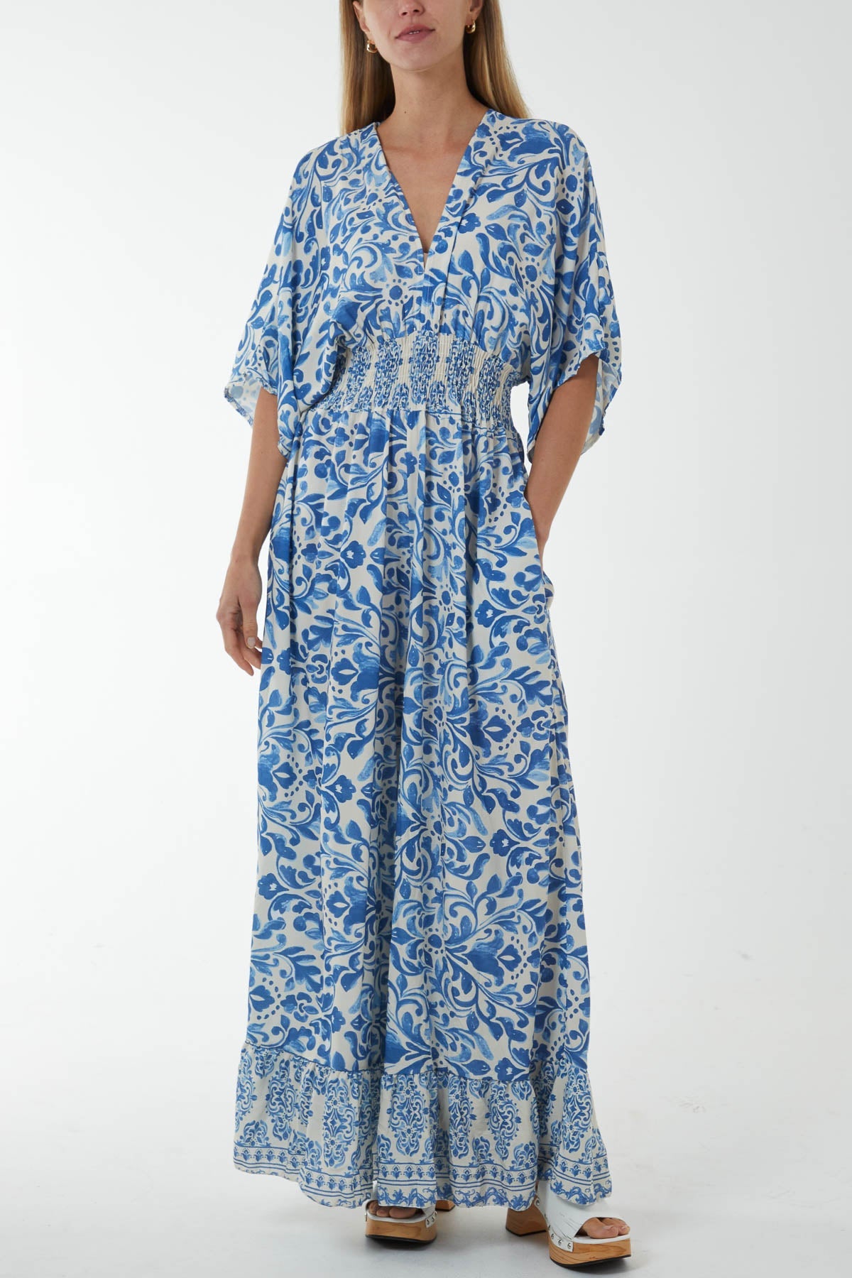 Baroque Tie Back Shirred Wide Leg Jumpsuit Jumpsuits WearAll Blue One Size