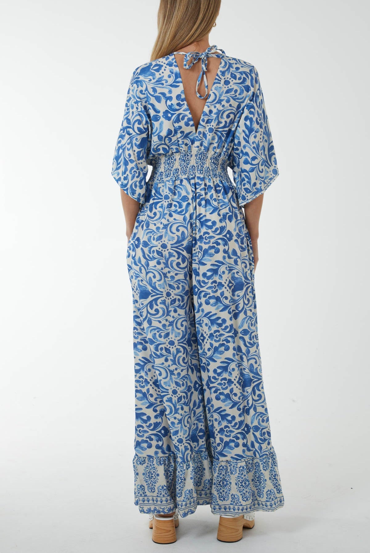 Baroque Tie Back Shirred Wide Leg Jumpsuit Jumpsuits WearAll