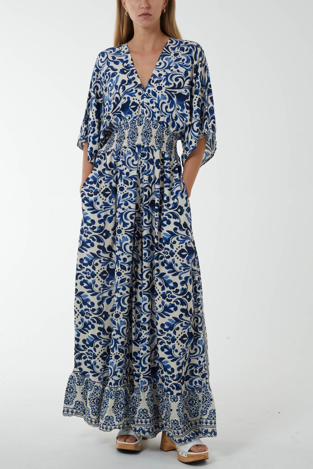 Baroque Tie Back Shirred Wide Leg Jumpsuit Jumpsuits WearAll Navy One Size