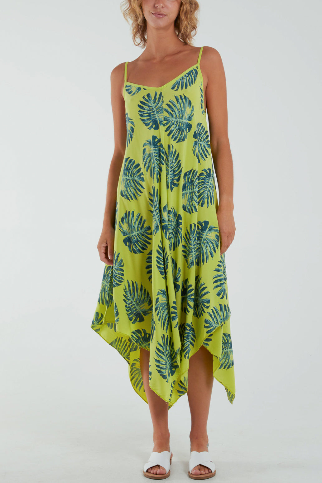 Palm Leaves Hanky Hem Cami Dress Dresses WearAll Lime One Size