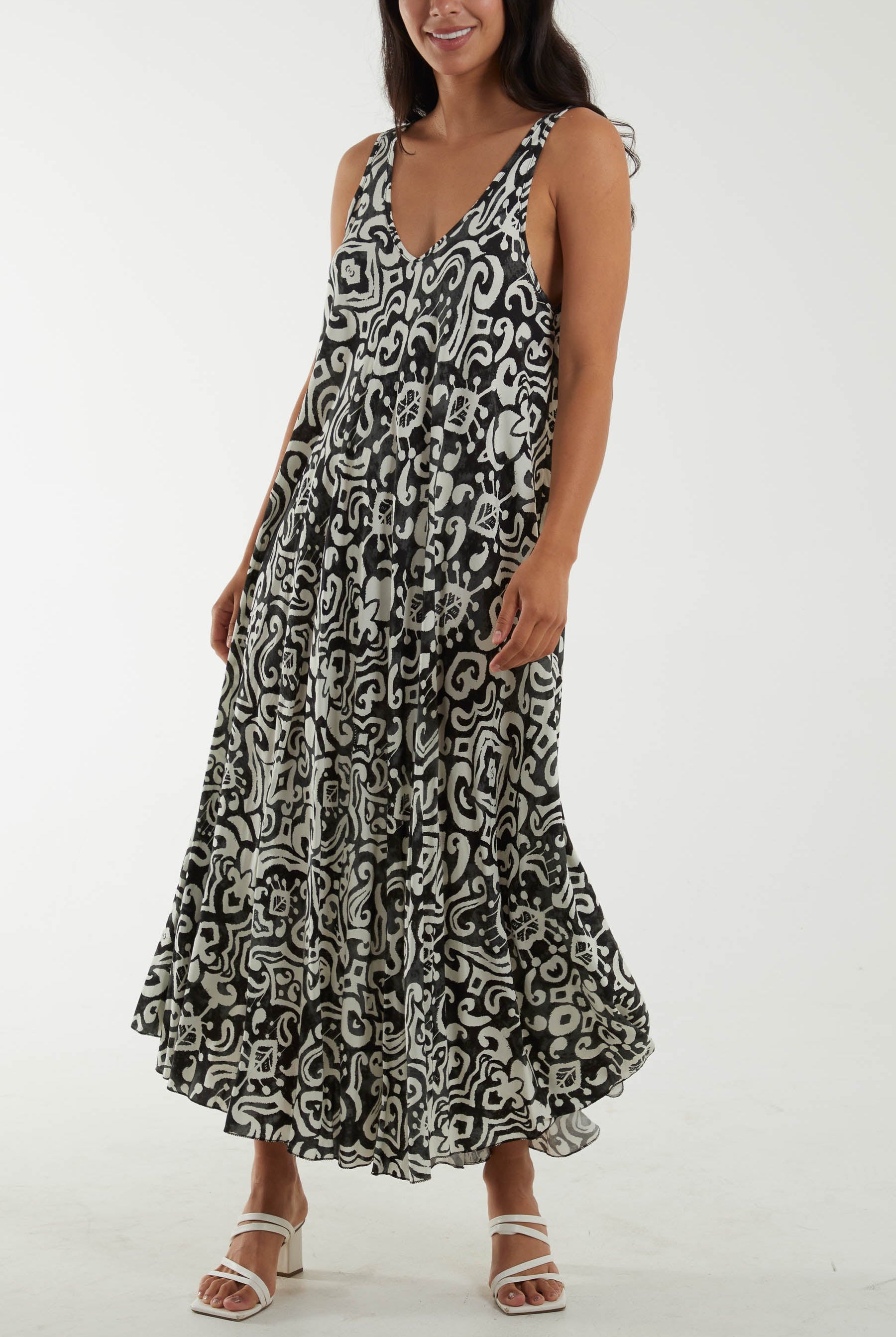 Sleeveless Abstract Print Maxi Dress Dresses WearAll Black One Size