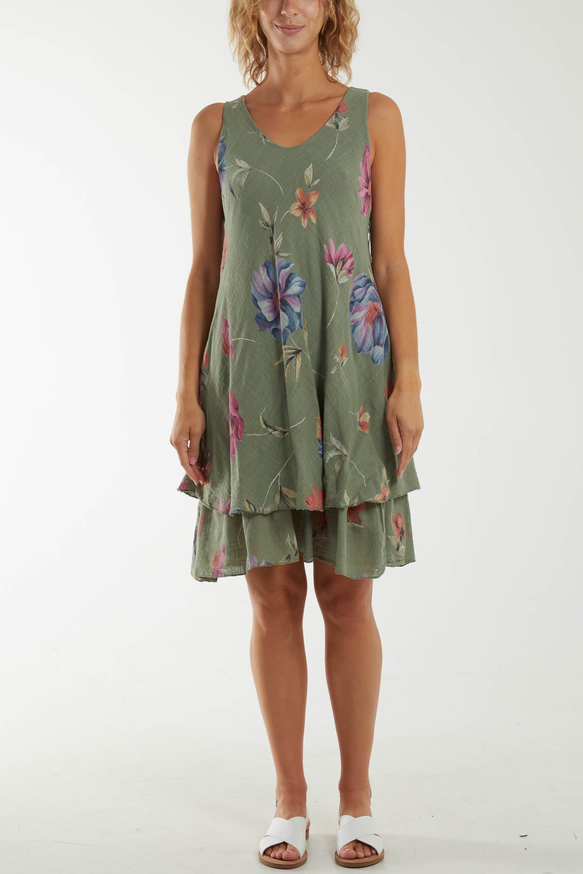 Floral Double Layer Sleeveless Dress Dresses WearAll Khaki One Size