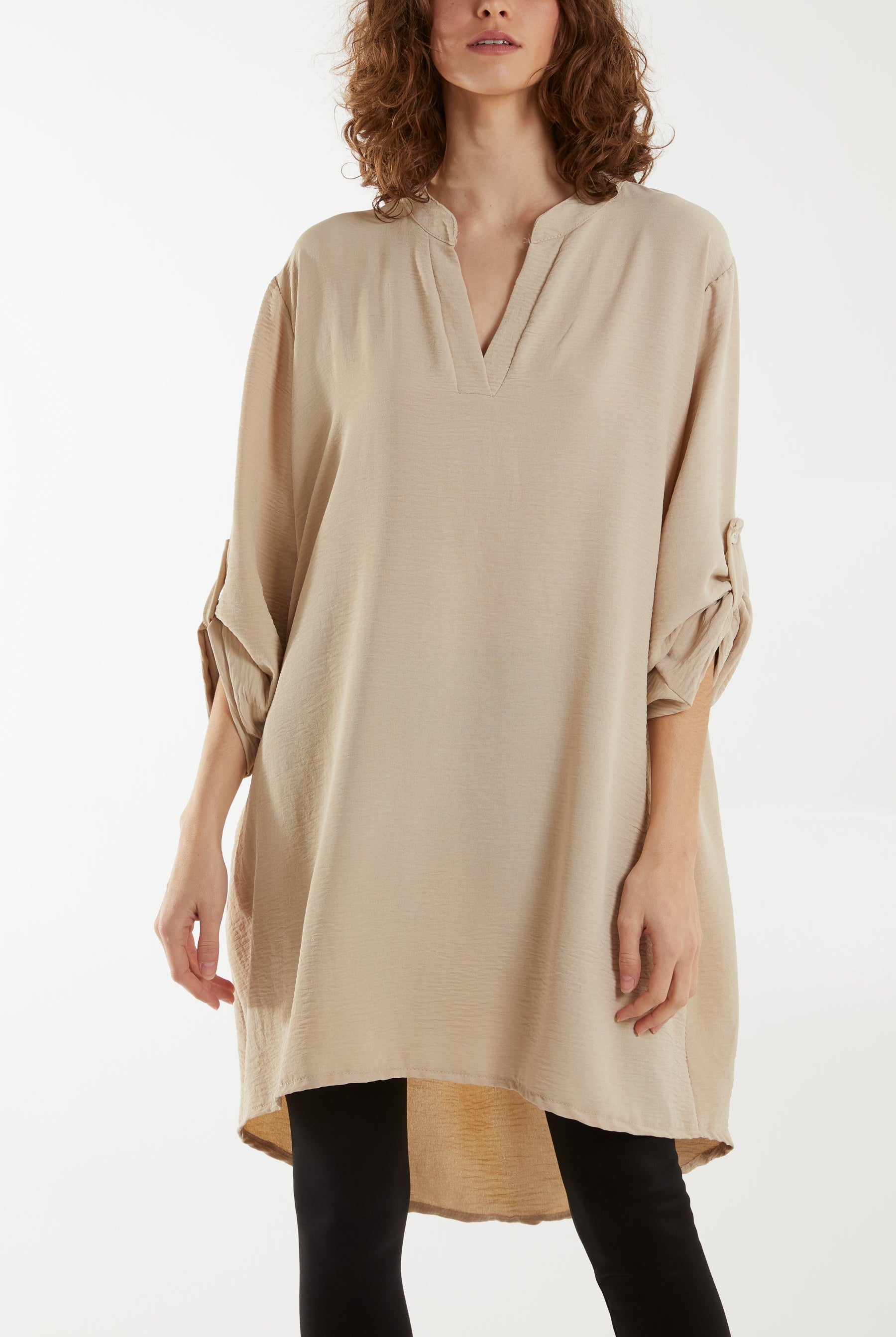 V-Neck Button Sleeve Long Top Tops WearAll Stone One Size