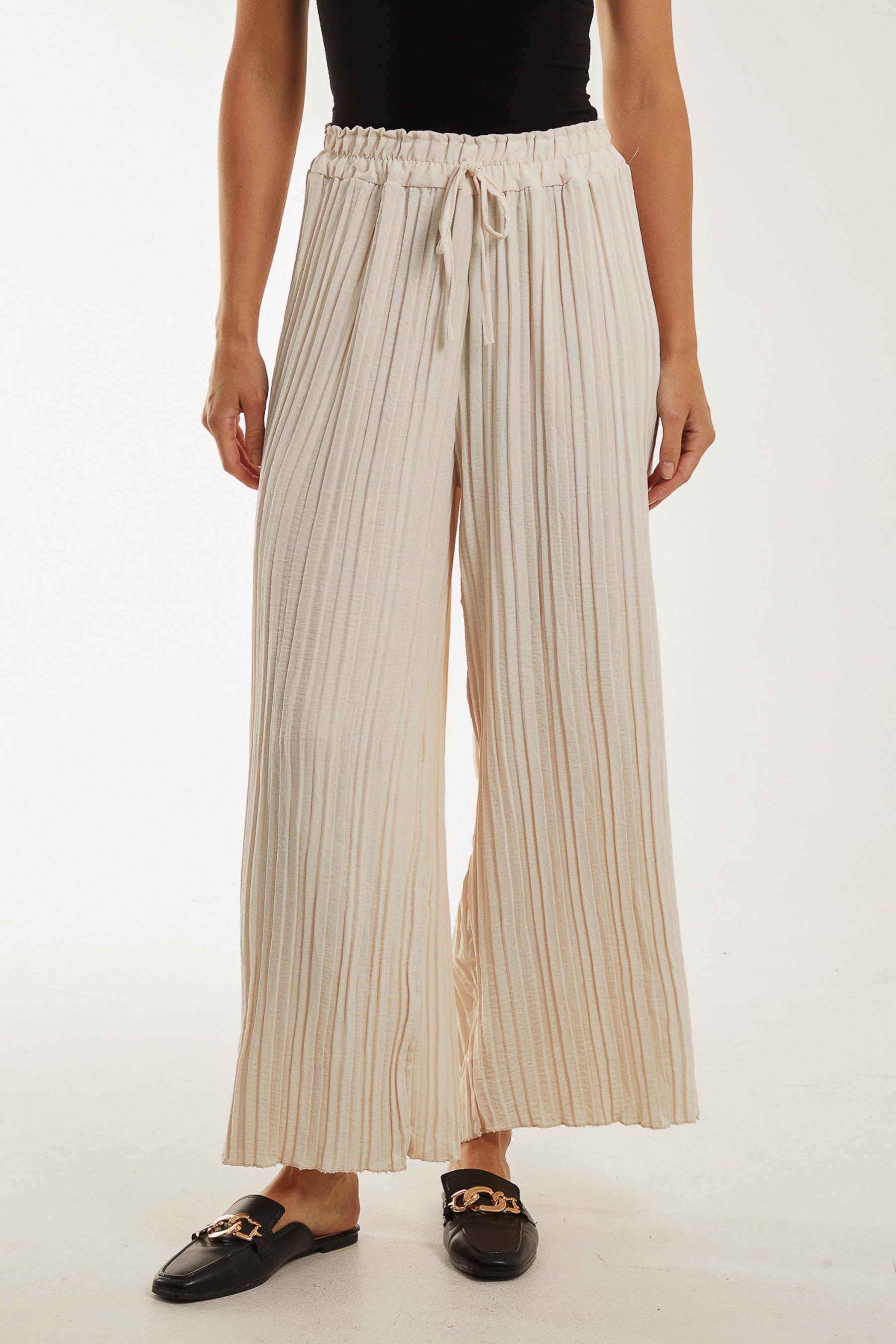 Wide Leg Plisse Drawstring Trousers TRS1 WearAll Stone One Size