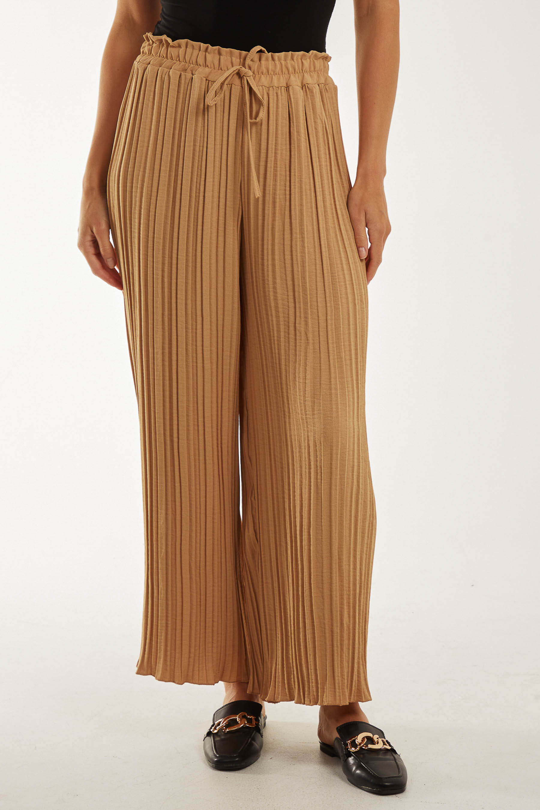 Wide Leg Plisse Drawstring Trousers TRS1 WearAll Camel One Size