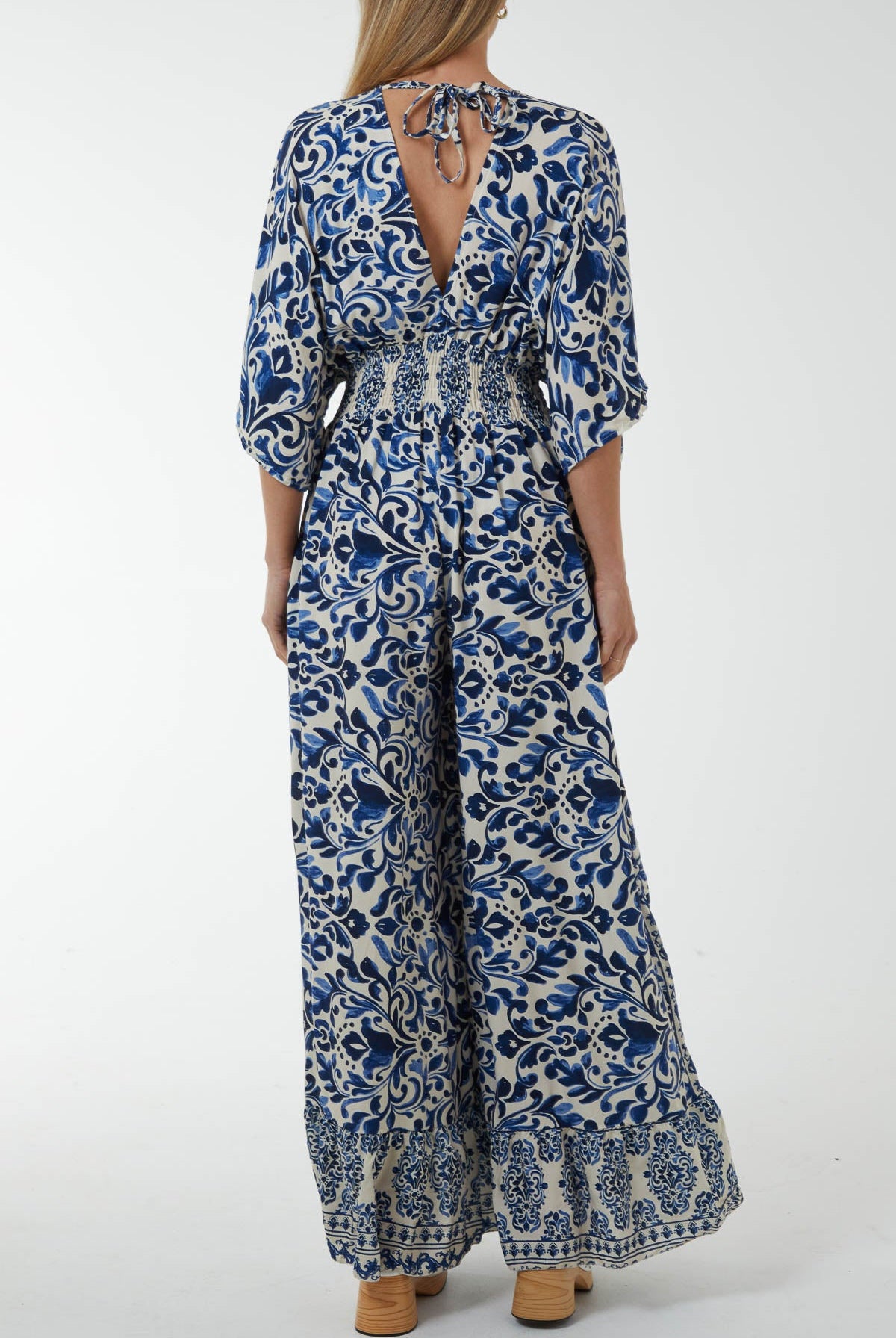 Baroque Tie Back Shirred Wide Leg Jumpsuit Jumpsuits WearAll