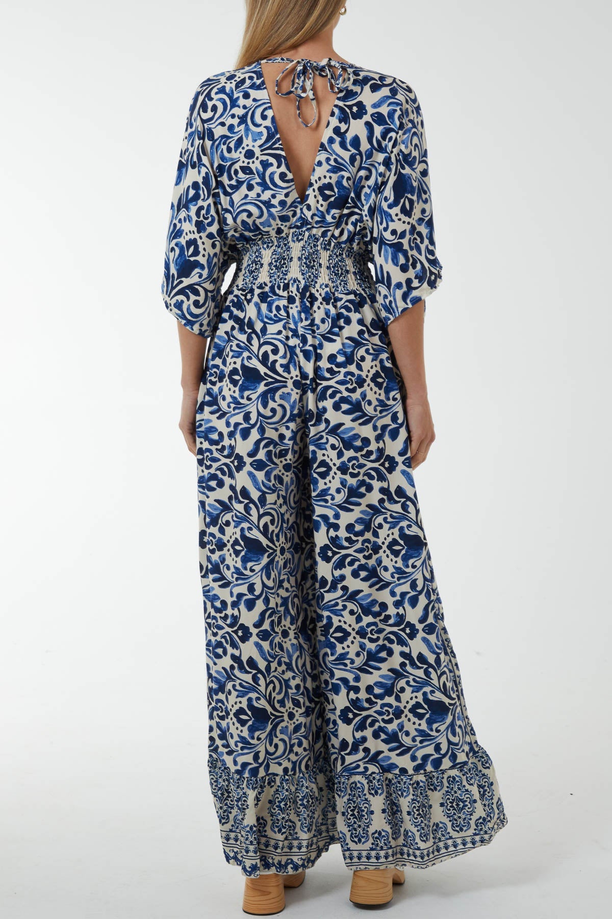 Baroque Tie Back Shirred Wide Leg Jumpsuit Jumpsuits WearAll