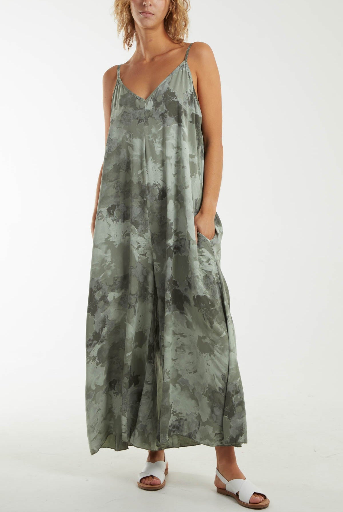 Smoky Print Cami Relaxed Fit Jumpsuit Dresses WearAll Khaki One Size