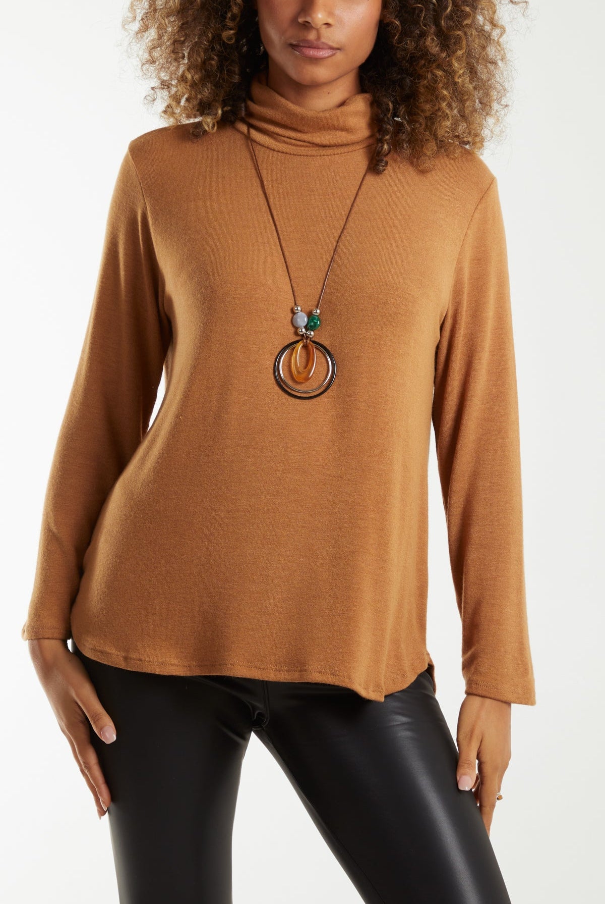 Fine Knit Roll Neck Jumper w/ Necklace Jumpers WearAll Camel One Size