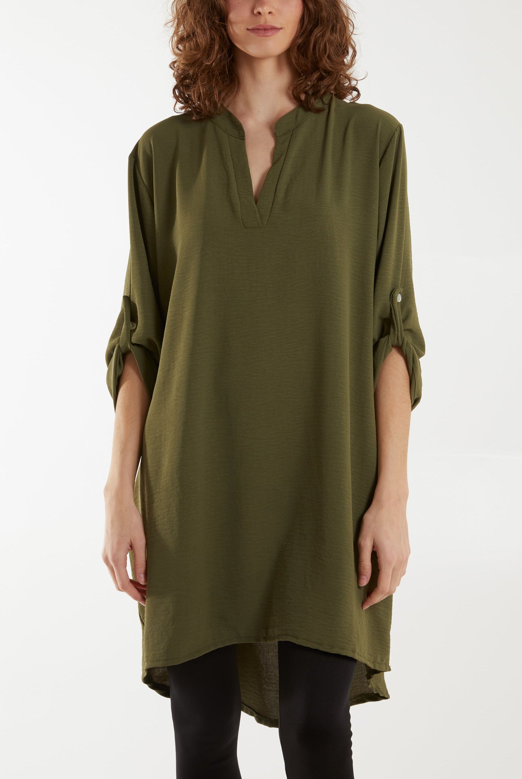 V-Neck Button Sleeve Long Top Tops WearAll Khaki One Size