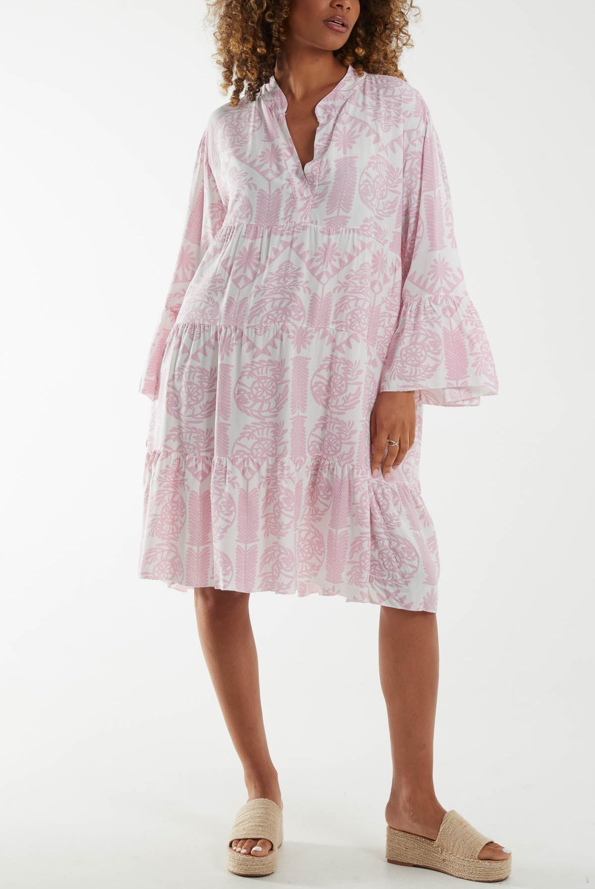 Tiered Baroque Floral Smock Print Dress DMF2 WearAll Blush One Size