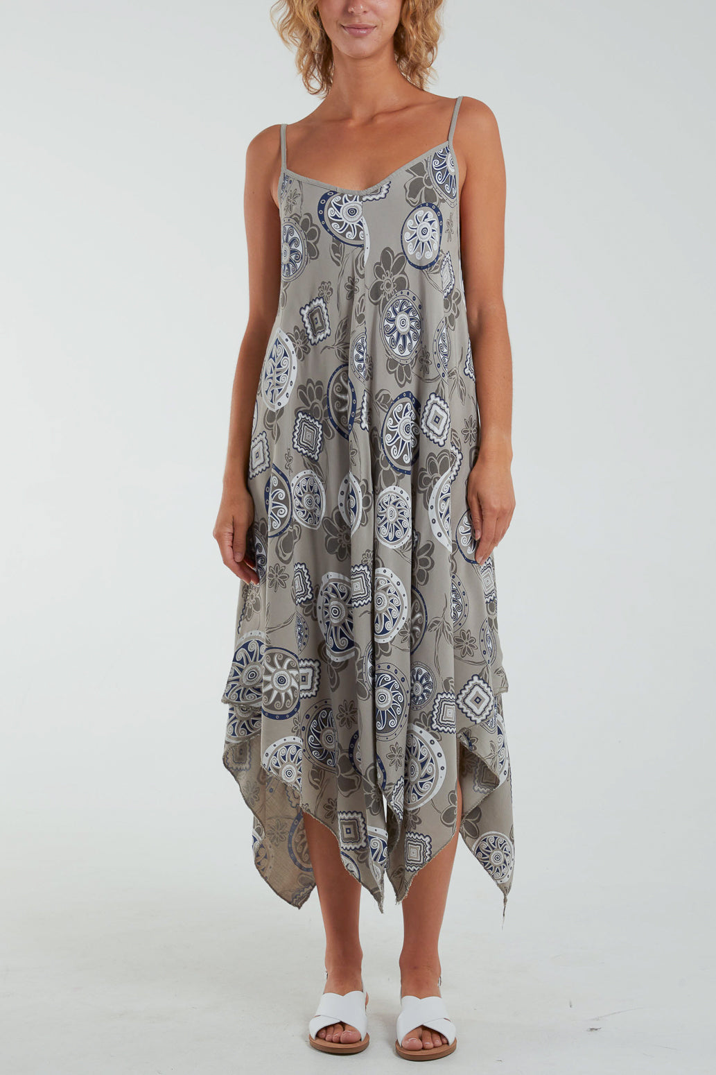 Geometric Tribal Hanky Hem Cami Dress Dresses WearAll Mocha One Size