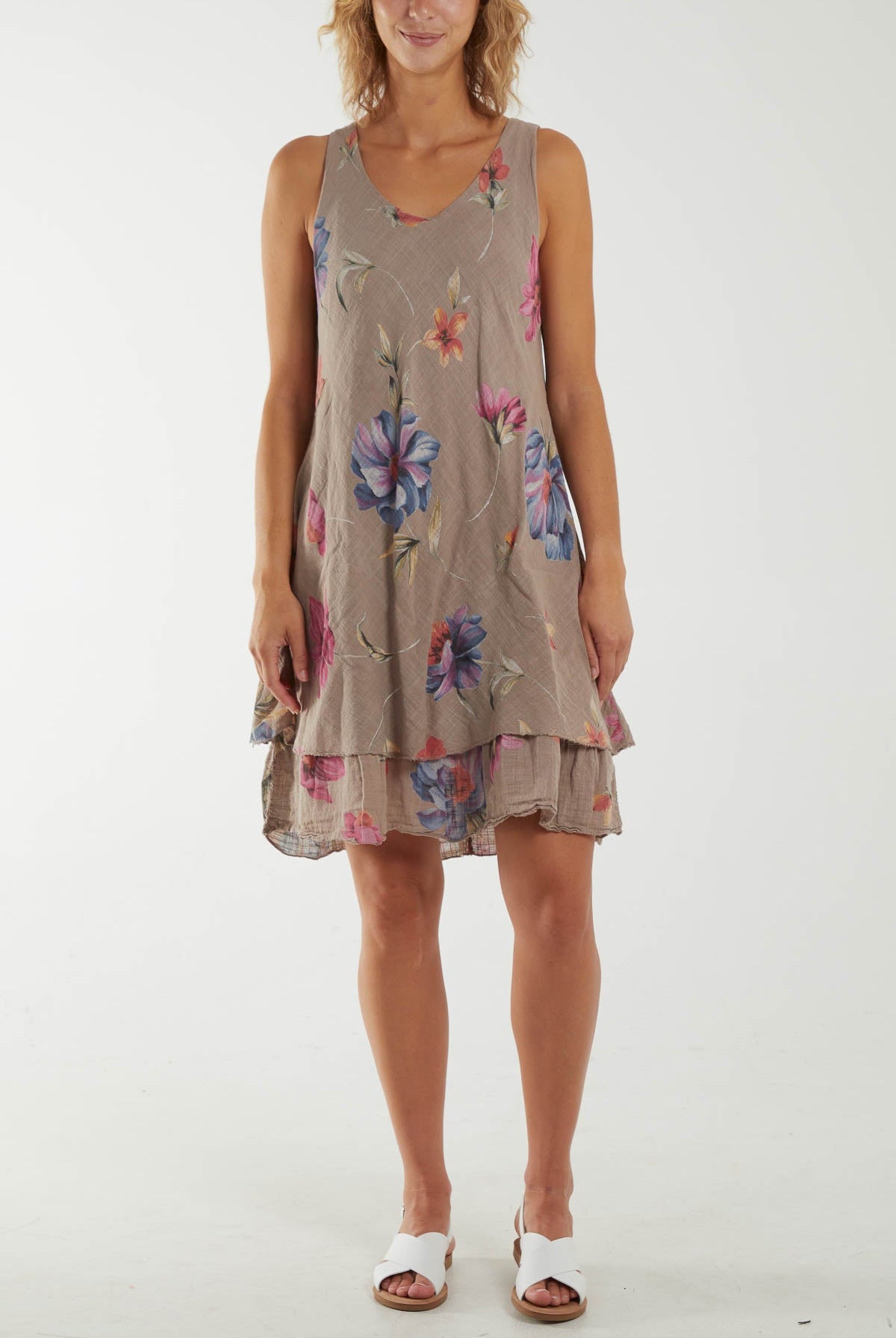 Floral Double Layer Sleeveless Dress Dresses WearAll Mocha One Size
