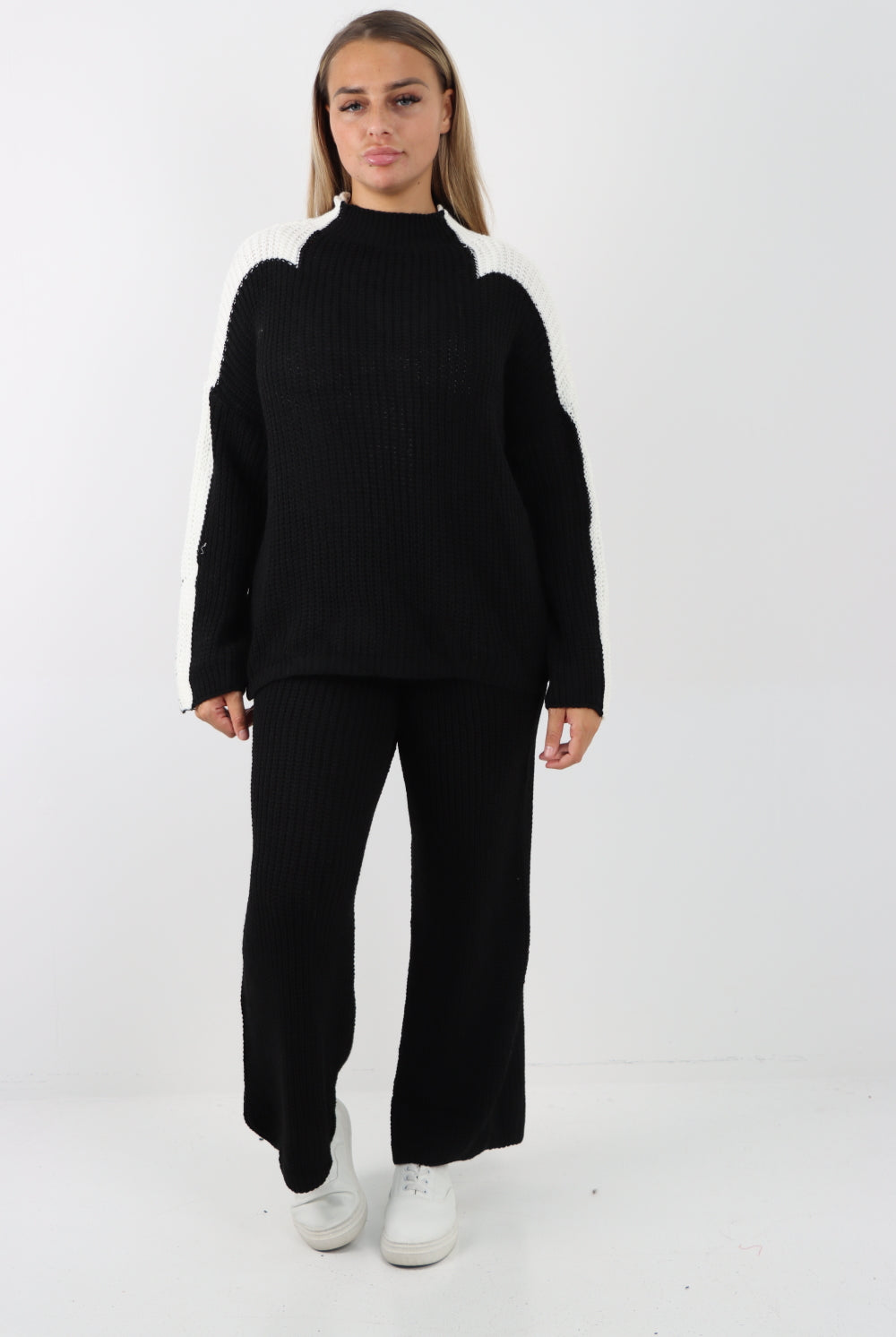 Italian Contrast Panel Knitted Top and Trouser Dresses WearAll Black One Size To Fit UK 8-16