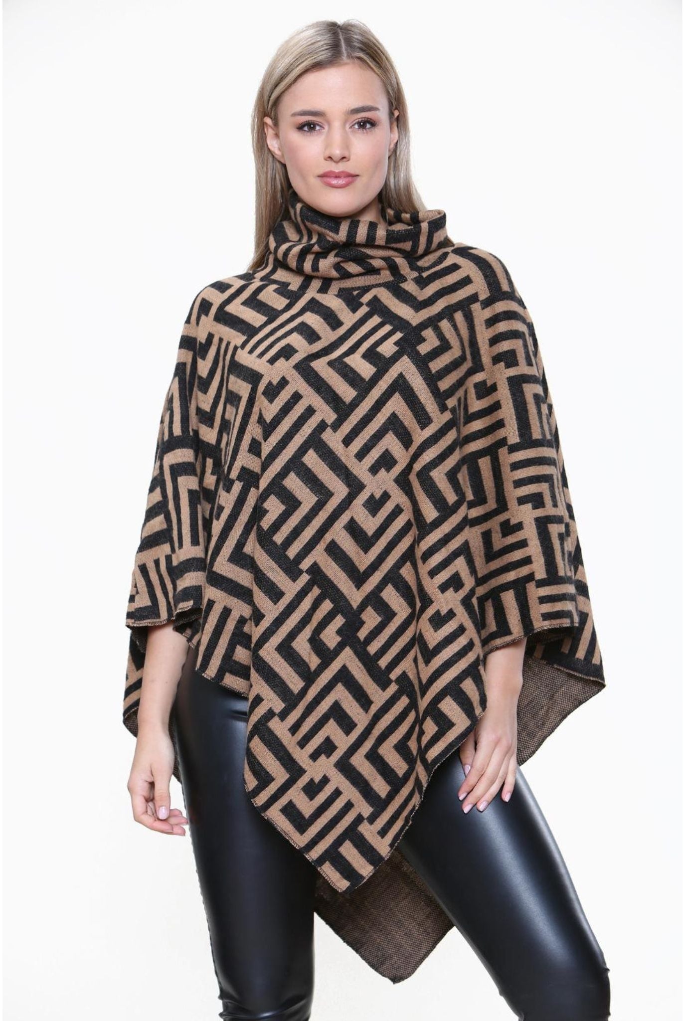 Italian High Neck Poncho Knit Shawl Sweater WearAll Camel 14-22