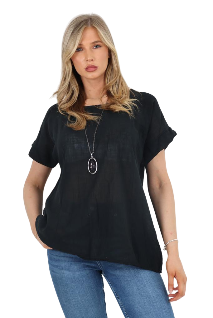 Italian Short Sleeve Necklace Top Tops WearAll Black 8-10