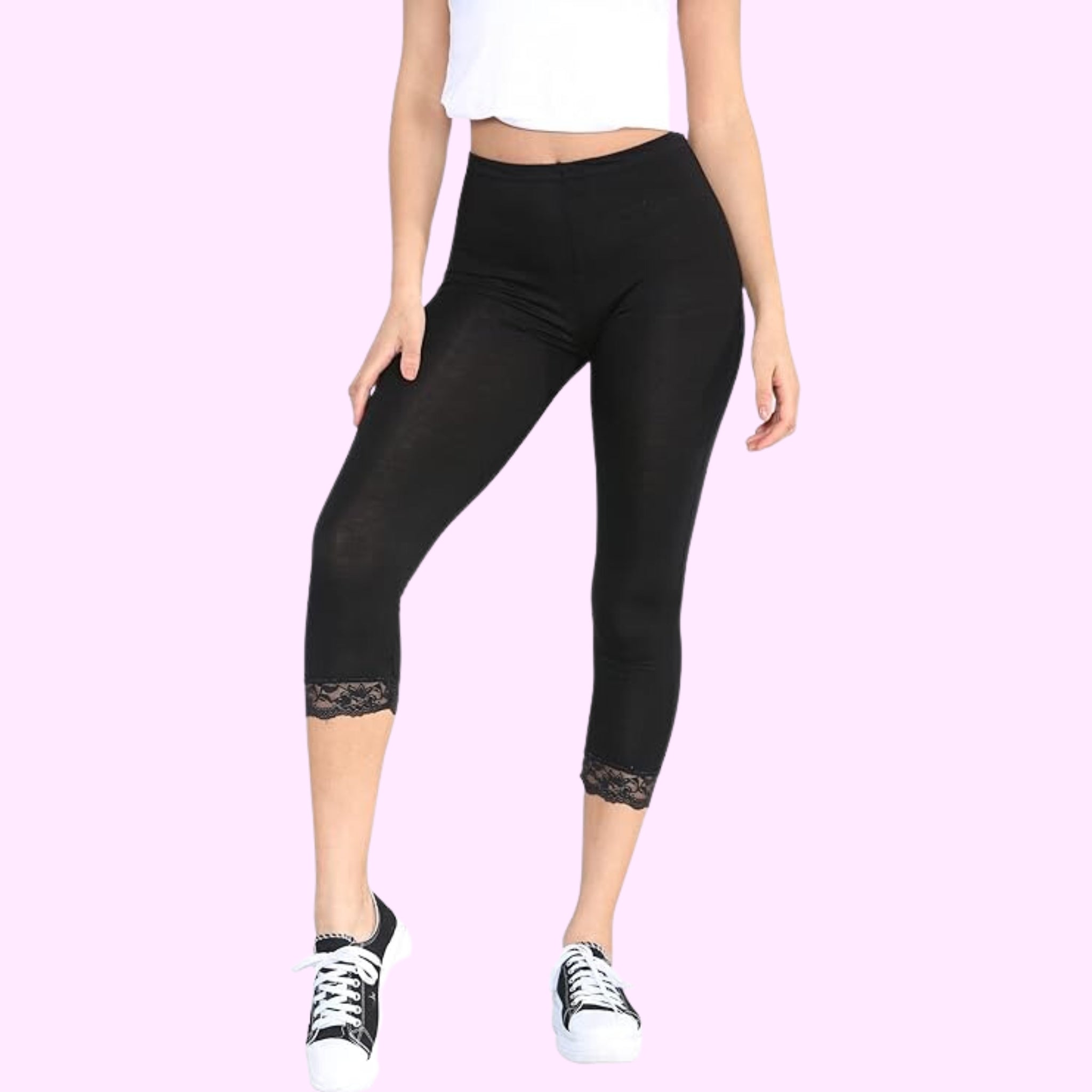 Capri 3/4 Lace Trim Leggings Leggings WearAll Black 8-10