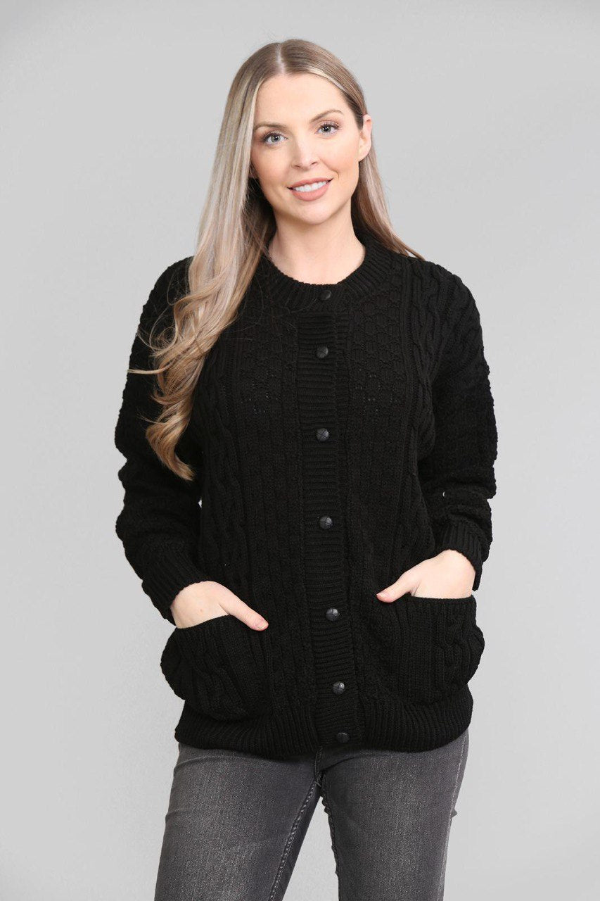 Chunky Cable Knit Long Sleeve Cardigan cardigan WearAll Black 8-10