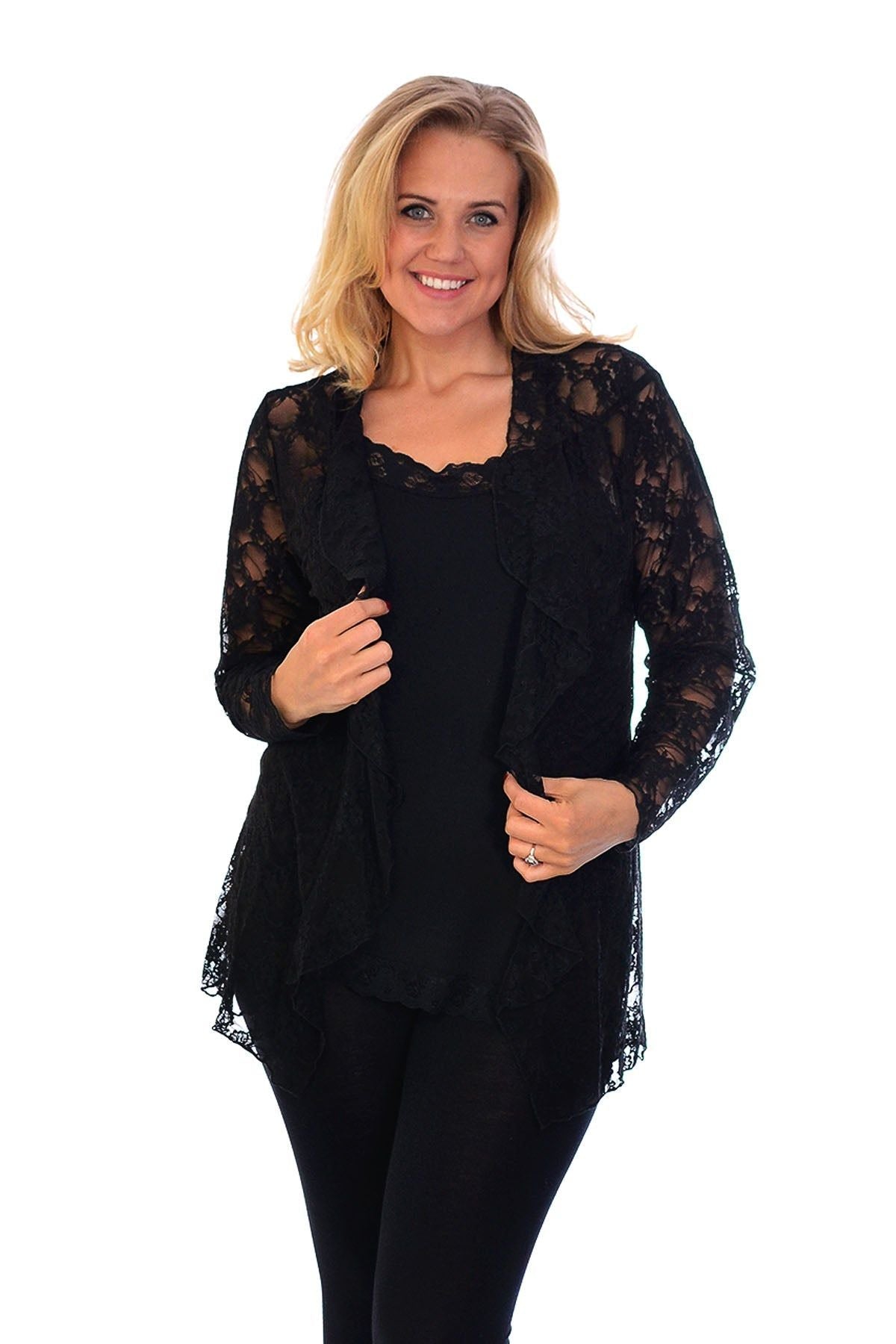 Floral Lace Open Cardigan Waterfall Top Tops WearAll Black 14
