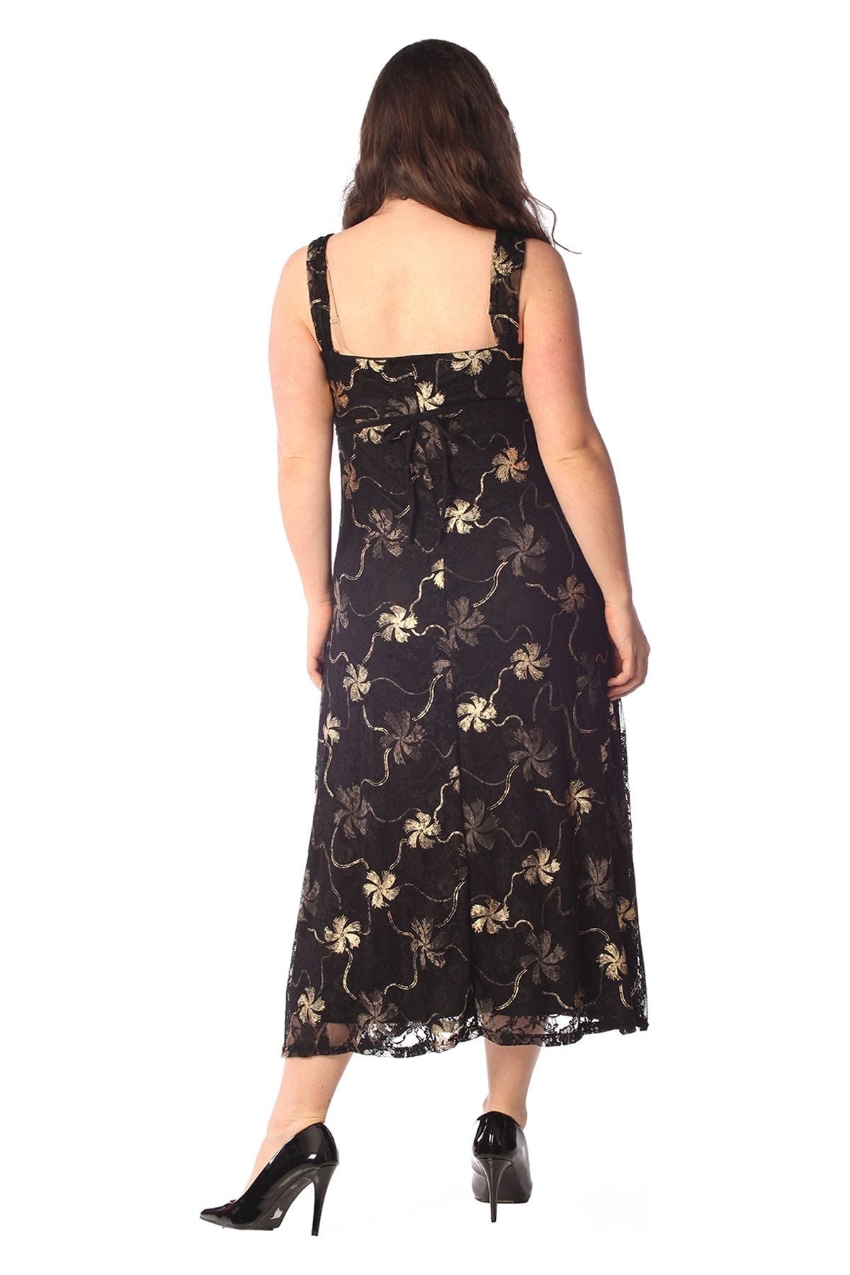 Plus Size Floral Lace Flared Sleeveless Belted Lined Dress - Gold Dress WearAll