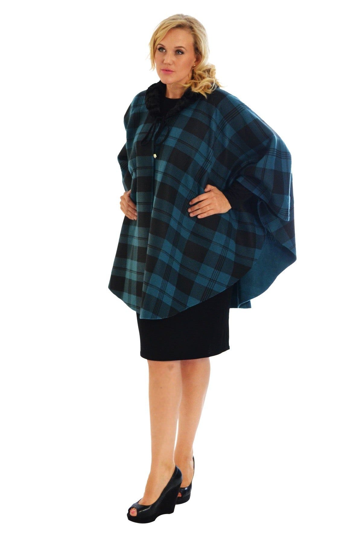 Faux Fur Check Tartan Cape Shawl Poncho Tops WearAll