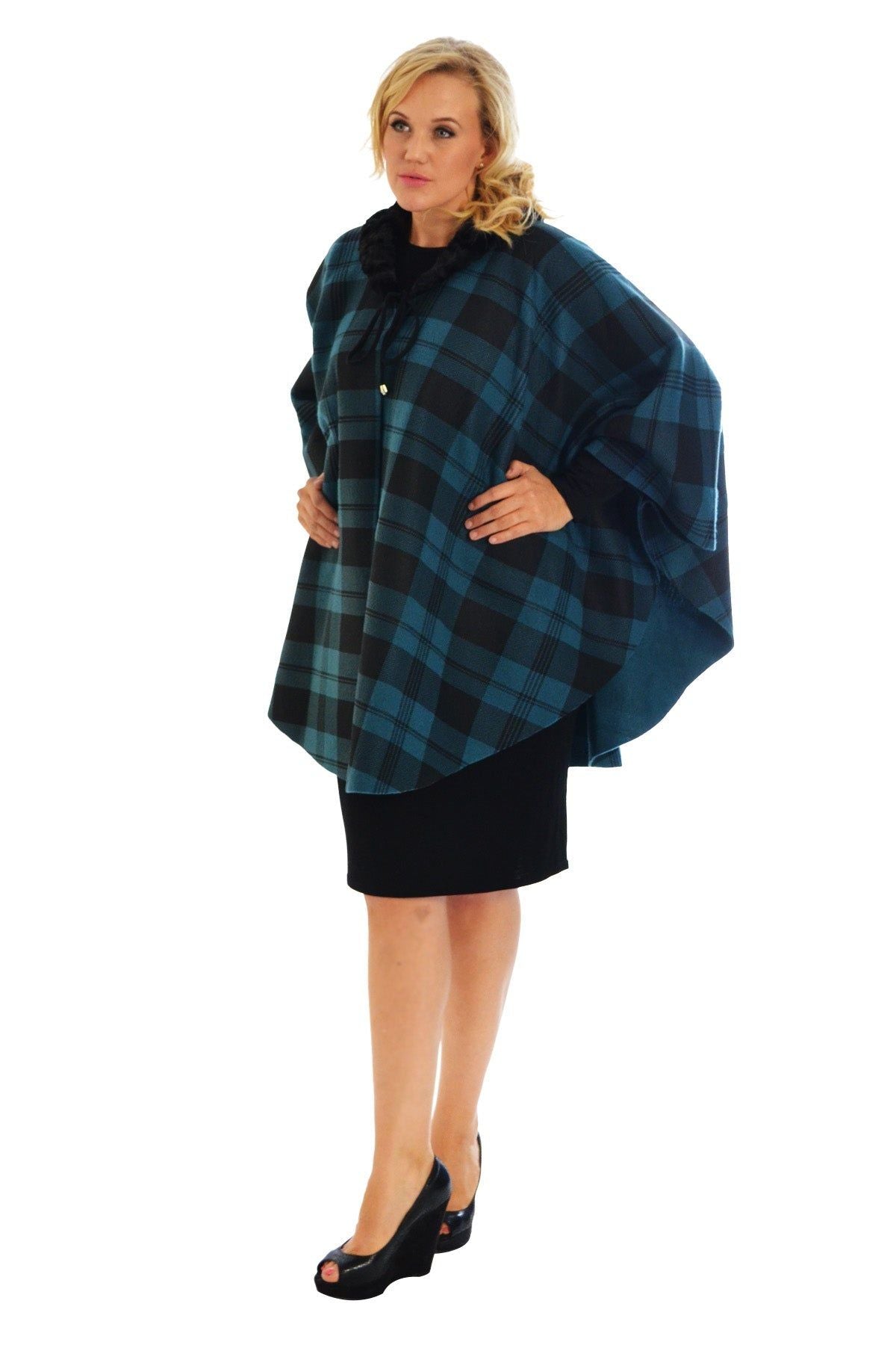 Faux Fur Check Tartan Cape Shawl Poncho Tops WearAll