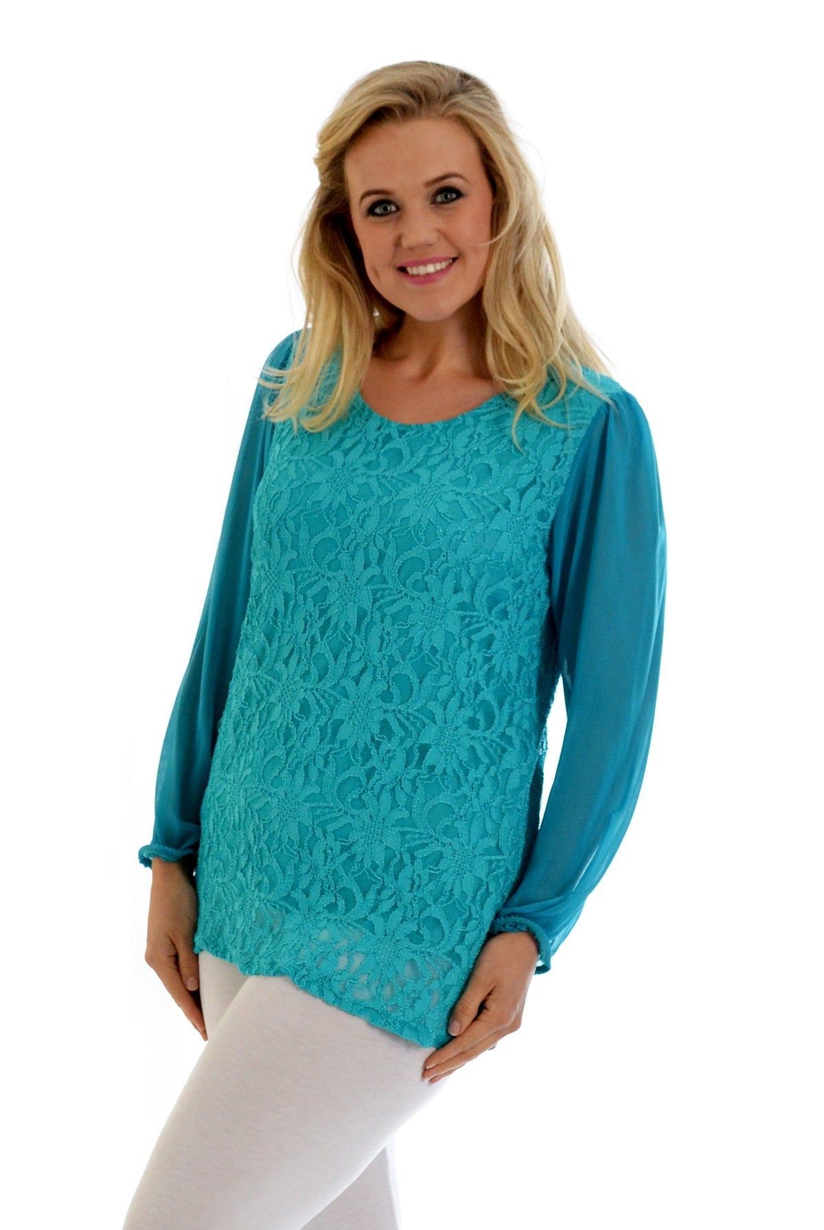 Lace Lined Sheer Sleeve Chiffon Tunic Top Tops WearAll