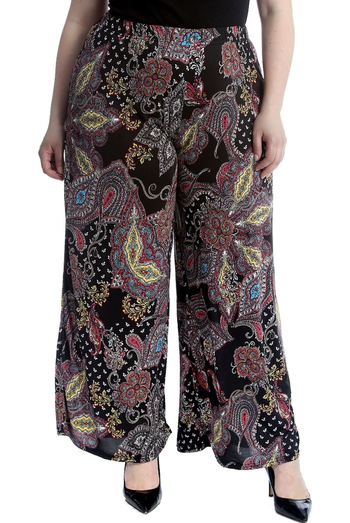 Plus Size Wine Paisley Print Wide Leg Palazzo Trouser Palazzo WearAll Black 16-18