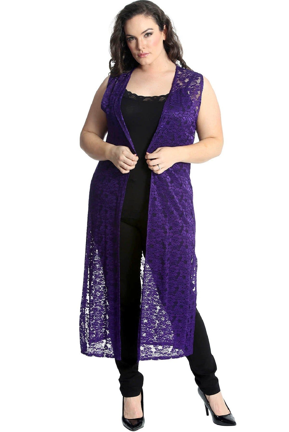 Floral Lace Open Top Long Cardigan Tops WearAll