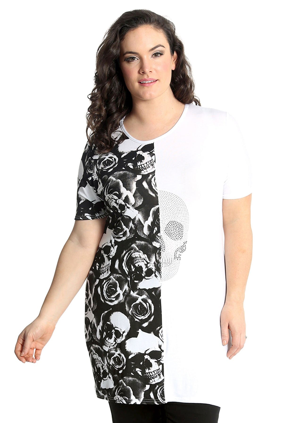 Split Skull Roses Print T-Shirt Tops WearAll