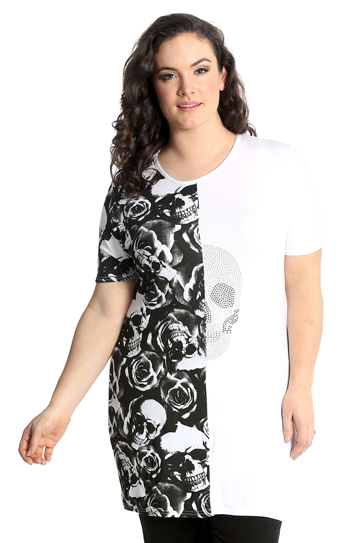 Split Skull Roses Print T-Shirt Tops WearAll
