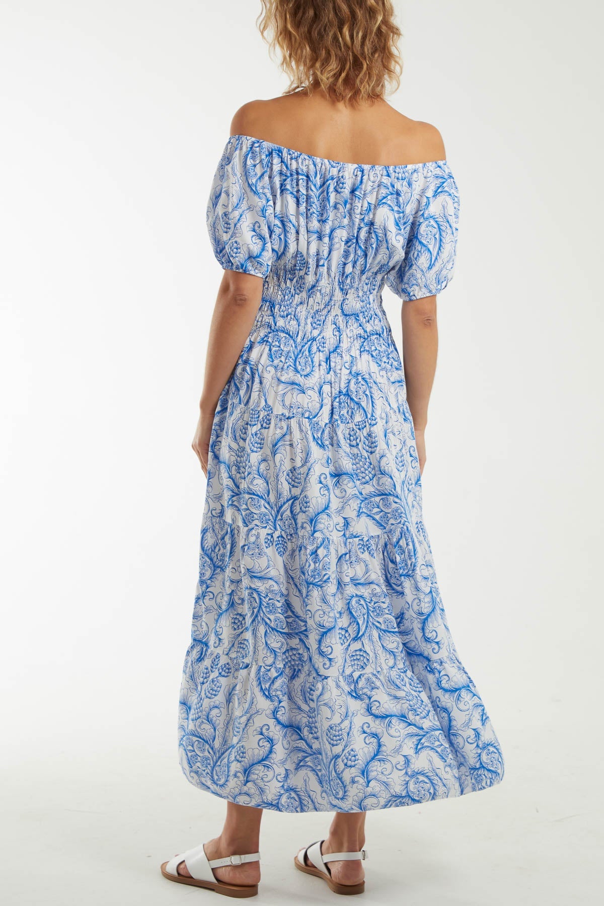 Paisley Bardot Shirred Bodice Midi Dress Dresses WearAll