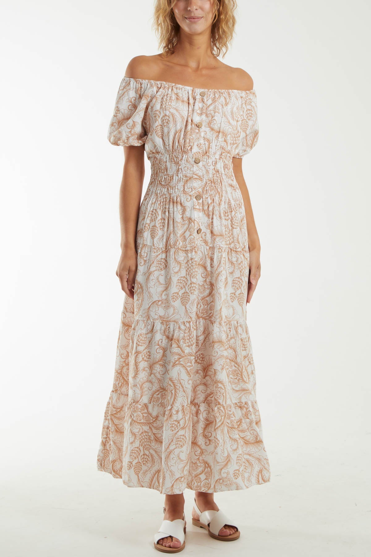 Paisley Bardot Shirred Bodice Midi Dress Dresses WearAll Camel One Size